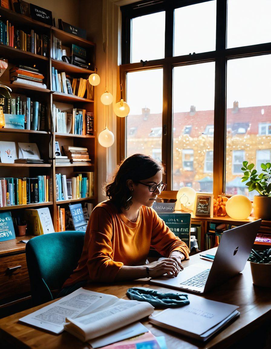 A captivating scene of a writer at a cozy desk surrounded by colorful books and a glowing laptop, with thought bubbles showcasing engaging blog post ideas. Warm sunlight pours through a window, illuminating the room filled with vibrant decor and inspirational quotes. Emphasize elements of creativity and inspiration. super-realistic. vibrant colors. cozy atmosphere.