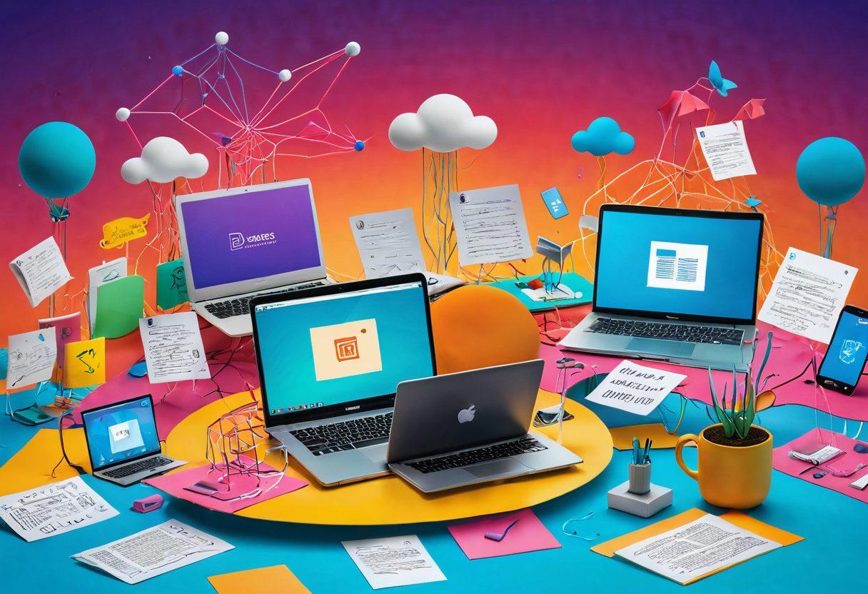 A digital landscape representing a vibrant blogosphere filled with interconnected blogs, each with unique designs, featuring floating tips and icons representing content creation tools. The foreground shows a thoughtful content creator surrounded by laptops and notes, immersed in their work. Bright colors and a whimsical vibe to reflect creativity and inspiration dominate the scene. super-realistic. vibrant colors. 3D.