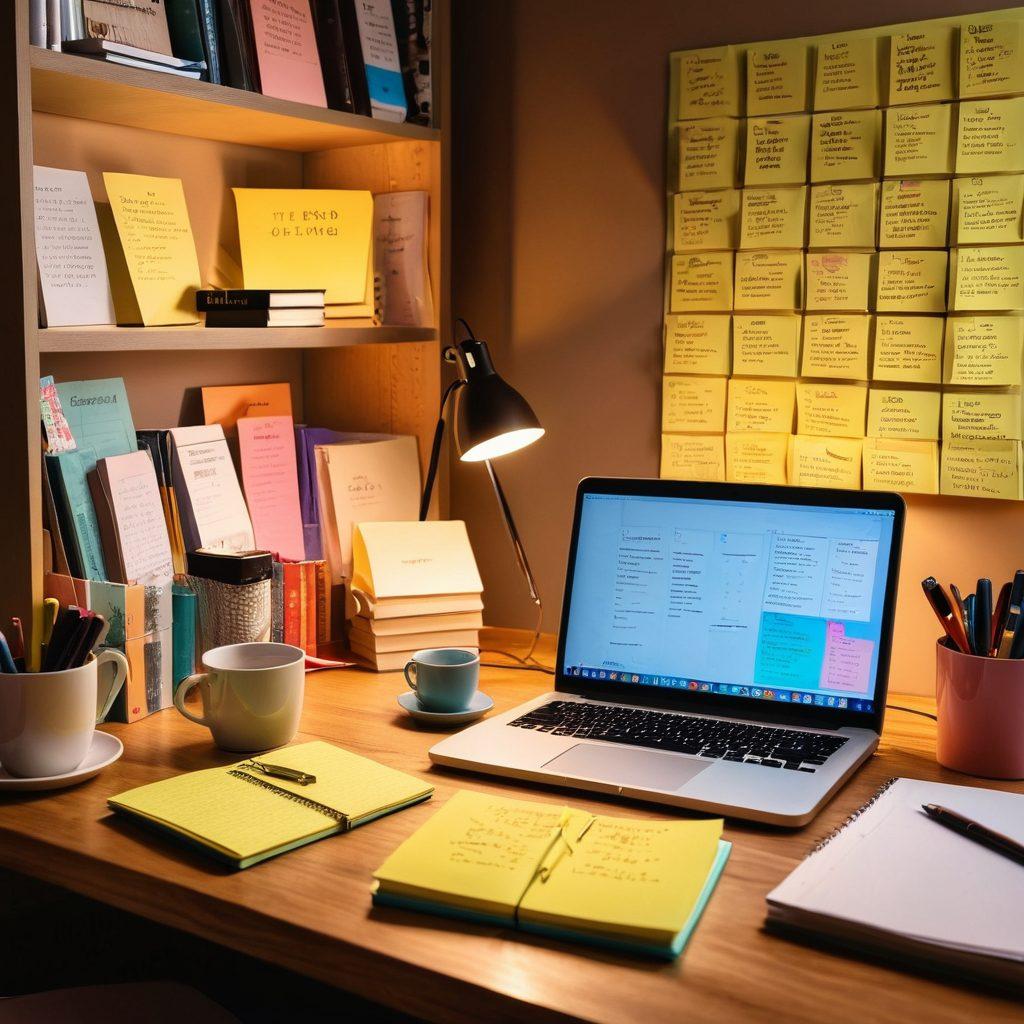 A dynamic workspace filled with essential blogging tools like a laptop, planner, and creative notepads, surrounded by vibrant post-it notes and inspiring quotes on a corkboard. The scene is illuminated by a warm glow of a desk lamp, hinting at productivity. A steaming cup of coffee sits in the foreground, symbolizing focus and motivation. The background features an expansive view of bookshelves filled with books on writing and marketing. super-realistic. vibrant colors. 3D.